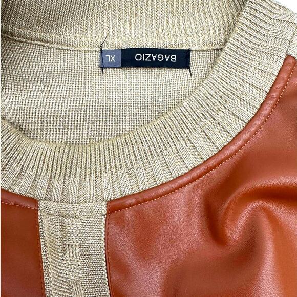 Vintage Retro 90's Bagazio Men's Faux Leather Patch Sweater Tan Brown XL - Picture 3 of 4